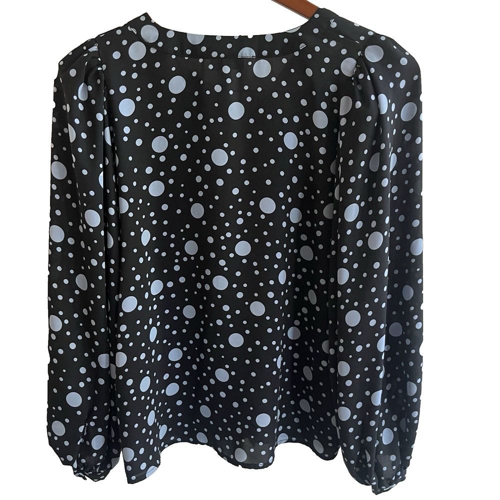 Who What Wear Shirt Blouse Long Sleeve Ruffle Black Gray Polka Dot Sheer Balloon - Picture 3 of 16
